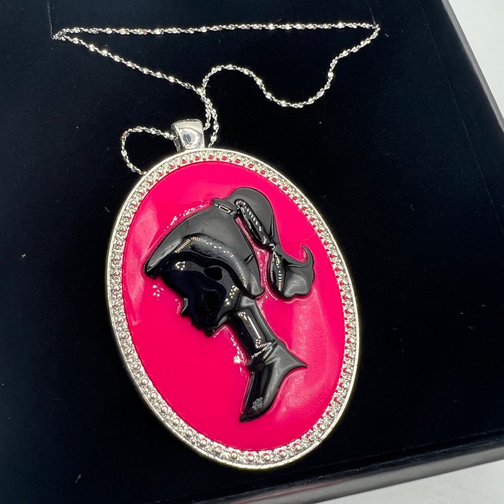 Barbie Vintage Logo Cameo Charm Necklace Italy S925 Silver Chain in BOX